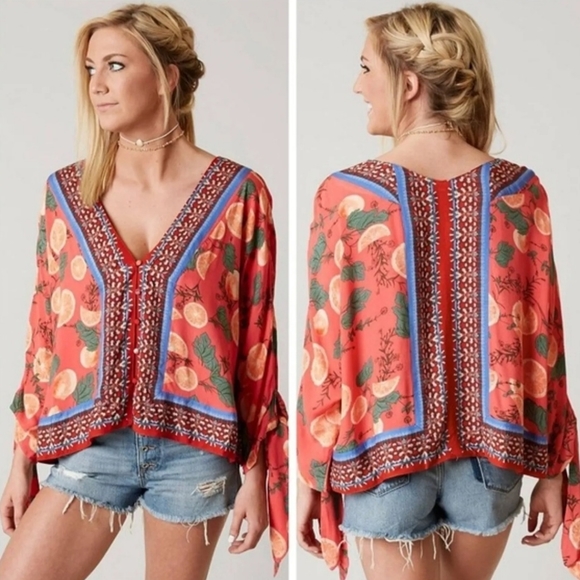 Free People Tops - Free People Freshly Squeezed Bohemian Floral Lemon Blouse Size XS Extra Small